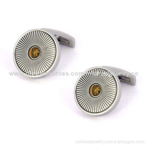 Stainless Steel Cufflinks with Surface is Embossing, Inlay Tiger Eye